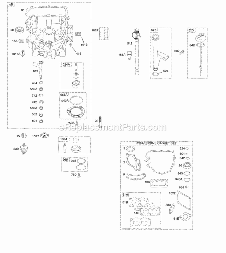 Camshaft Crankshaft Gasket Set-Engine Lubrication Piston Rings Connecting Rod Diagram and Parts List for 44Q777-0025-E1  Briggs and Stratton Engine